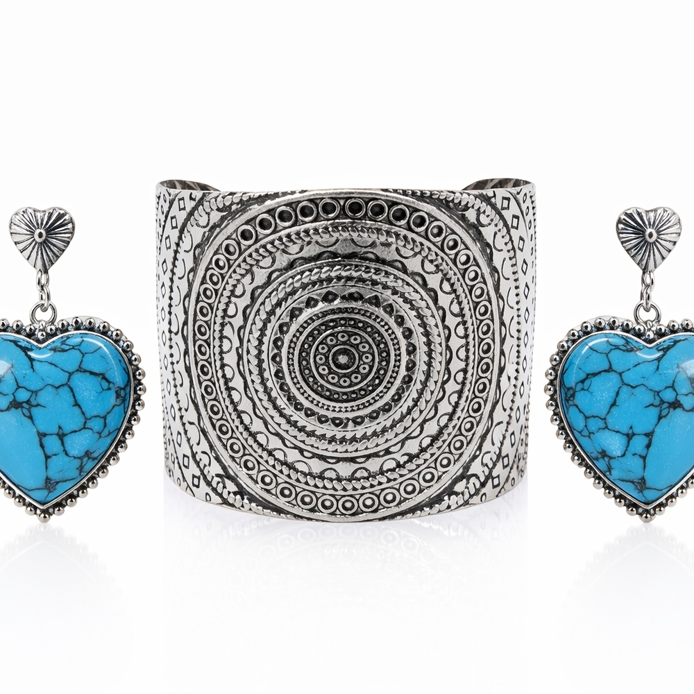 Turquoise Color Heart Earrings & Statement Silver Cuff - Picture 3 of 4